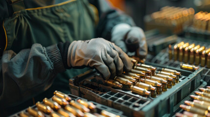 Poster - A man is working with a tray of bullets
