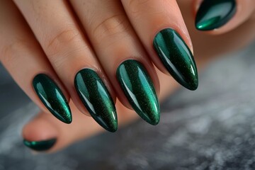 Glamour woman hand with green color nail polish on her fingernails. Green nail manicure with gel polish at luxury beauty salon. Nail art and design. Female hand model. French, Generative AI 