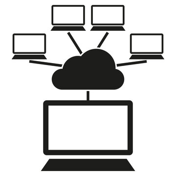 Cloud computing network. Connected laptop icons. Data storage symbol. Black vector illustration.