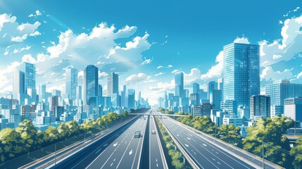 Wall Mural - A cityscape with a highway in the middle and a blue sky