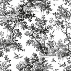  Seamless Toile De Jouy pattern on black.
