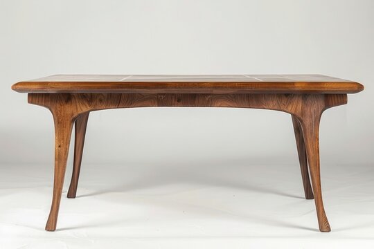 A mid-century modern dining table with a walnut veneer top and tapered legs