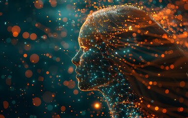 Aufkleber - Dynamic photo of an illuminated human head profile with neural connections and data points, set against a futuristic interface with algorithmic patterns, highlighting AI learning