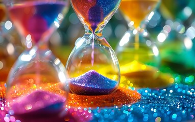 Poster - Dynamic photo of several hourglasses with brightly colored sands, highlighting the glass details and flowing sands, representing various time frames against a well-lit, neutral background
