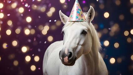 Wall Mural - Happy white horse in a birthday hat against a blurry background with confetti
