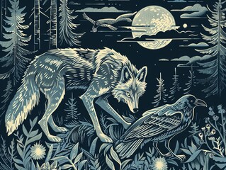 a wolf and a raven stand in a moonlit forest, a symbolic illustration of nature's balance.