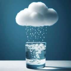 A cloud raining into a glass of water, depicting the whimsy of nature and the purity of rainwater