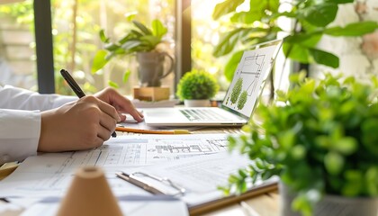 Poster - Eco-friendly workspace with hands calculating data amidst lush green plants, emphasizing sustainability and innovation in modern design