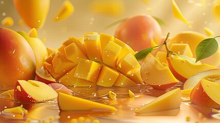 Close-up of freshly cut mangoes with water droplets, showcasing their vibrant color and juicy texture in a tropical setting..