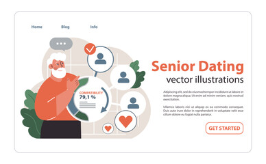 Wall Mural - Senior man navigates online dating. Flat vector illustration