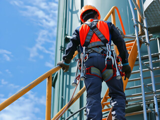 a worker in safety gear is climbing up a ladder.