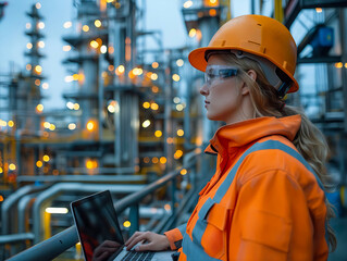 Wall Mural - A woman in an orange hard hat and safety glasses is working on her laptop.