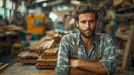 Wall Mural - A man in a workshop with his arms crossed.