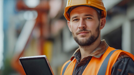 Canvas Print - A man in an orange vest holding a tablet.