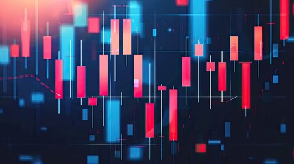 A detailed candlestick chart depicting stock market trends with red and green candles, showcasing volume bars and technical indicators. Ideal for illustrating financial analysis