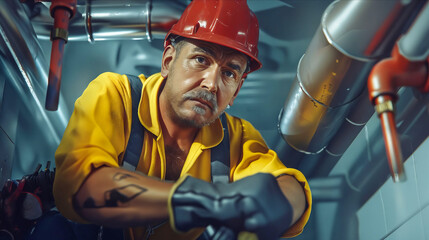 Wall Mural - A man in a yellow hard hat and gloves is holding a pipe.