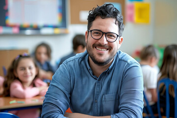 A smiling man in glasses sitting in a classroom.