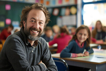 A man smiling in a classroom with children.