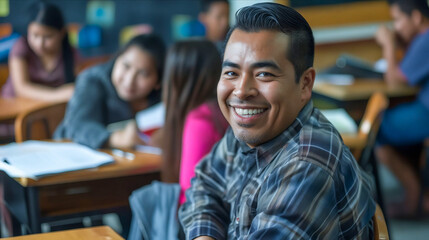 A smiling man in a classroom.
