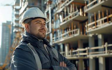 Wall Mural - A man in a hard hat standing in front of a construction site.