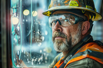 Wall Mural - A man wearing safety glasses and a hard hat.