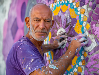 Wall Mural - An older man painting a wall with colorful paint.