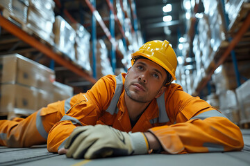 Wall Mural - A man in an orange hard hat laying on the floor in a warehouse.