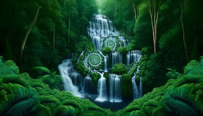 Wall Mural - a painting of a forest with a waterfall in the middle