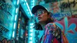 © Sahir_Stock - Stylish woman with sunglasses and cap in vibrant neon city street with graffiti background urban night