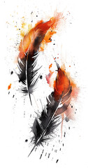 Wall Mural - Feathers painted with watercolors on white and transparent background. Watercolor color beautiful feathers. Abstract background with feathers, spray paint