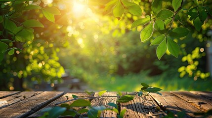 Spring summer beautiful natural background with green foliage in sunlight and empty wooden table outdoors 