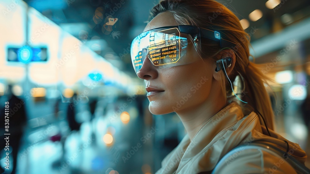 Travelers using augmented reality glasses for navigation in a modern ...