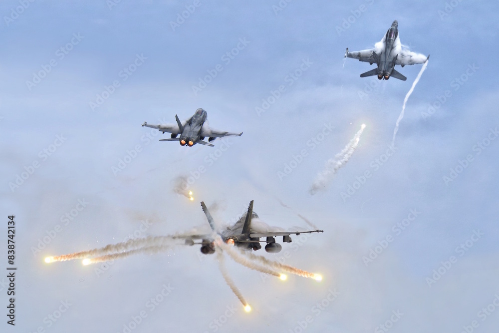 Jet fighters firing chaff flare during training Stock Photo | Adobe Stock