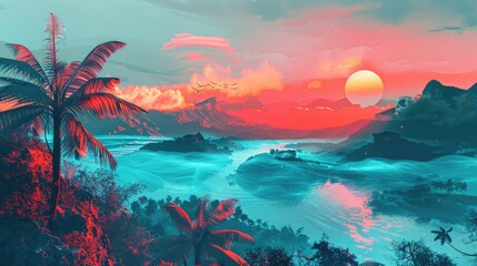 Wall Mural - Surreal nature landscape in blue and red colors, tropics, mountains, wind 