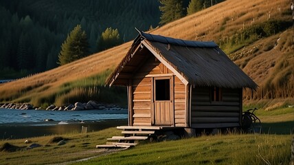 A picturesque image of a small hut in the mountains near a river. Ideal for themes of nature retreats, peaceful landscapes, and rustic living.