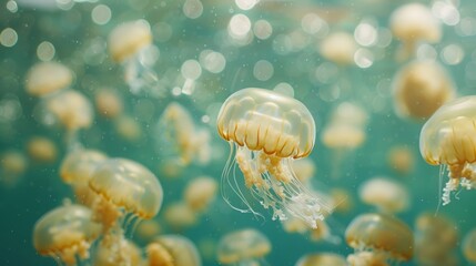 Poster - An ocean teeming with jellyfish their transparent bodies blending seamlessly with the surrounding water.