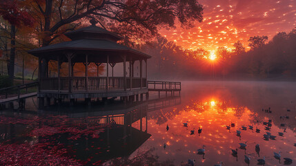 Lakeside pavilion, rising sun, lake reflecting red dawn