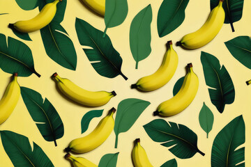 Wall Mural - Juicy ripe flying banana and green leaves isolated on yellow background.