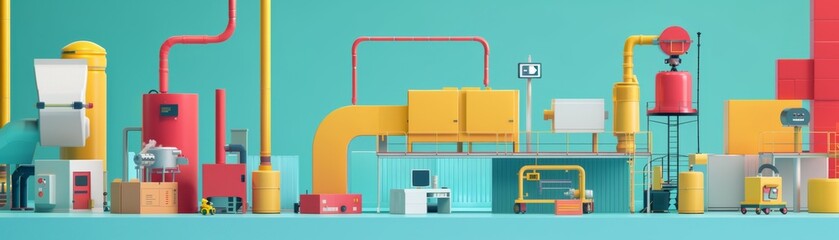 Colorful abstract industrial-themed still life background with various miniature factory elements and machinery on a turquoise backdrop.