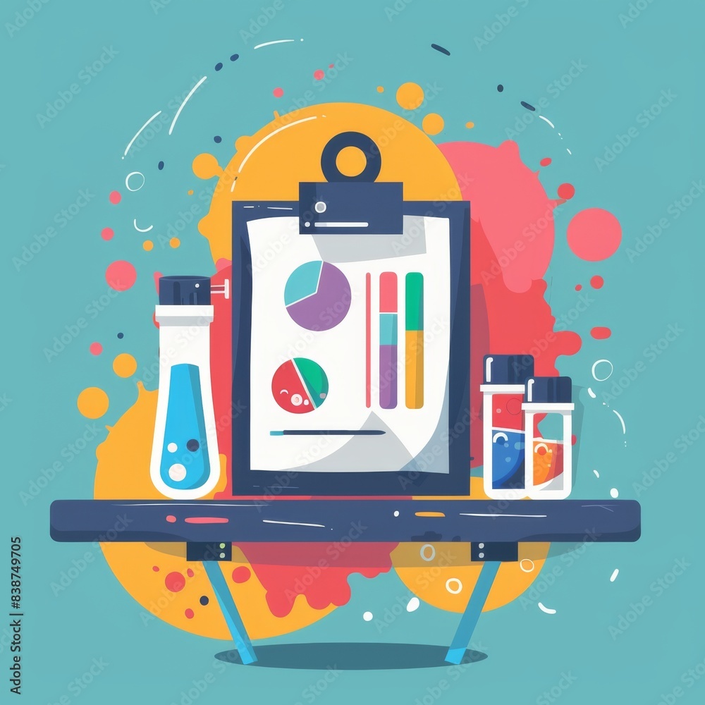 Research Fun Graphics Colorful illustration of scientific research with charts, test tubes ...