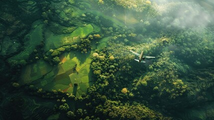 Commercial airplane flying over lush green fields and forests