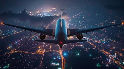 Wall Mural - Night view of a commercial airplane with city lights below. night flight visibility