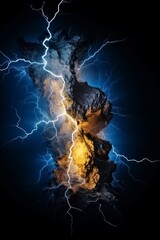 Wall Mural - a blue and yellow lightning bolt piercing through the stormy, night sky, set against a black backdrop.