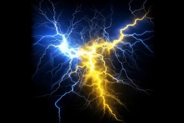 Wall Mural - a blue and yellow lightning bolt piercing through the stormy, night sky, set against a black backdrop.