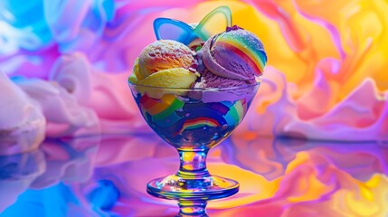 Wall Mural - An artistic representation of an ice cream sundae with rainbow-colored scoops in a glass bowl, adorned with LGBTQ+ pride decorations. Background is a colorful, abstract representation of pride