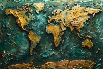 Wall Mural - A visually stunning 3D graphic design of a world map, displaying geography and topography with a captivating mix of green, brown, and blue colors.