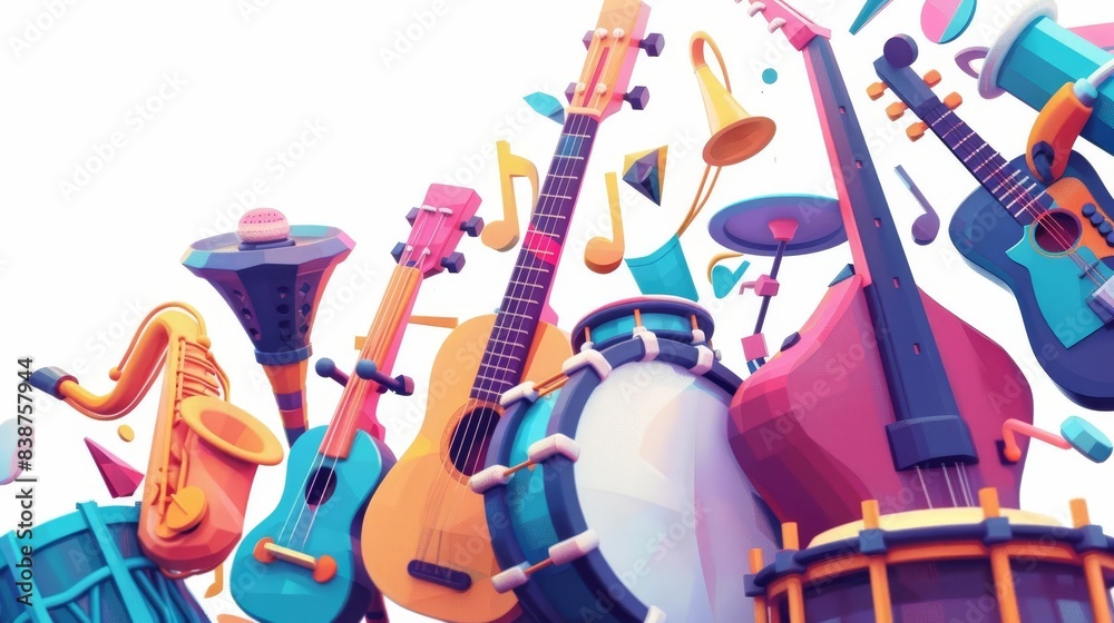 Vibrant cartoon musical instruments from a worms-eye view, featuring ...