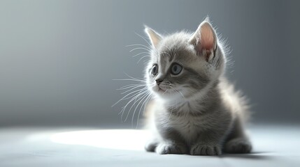 Wall Mural - A cute gray kitten sits on a white surface and looks away. The kitten's fur is soft and fluffy, and its eyes are a bright blue.