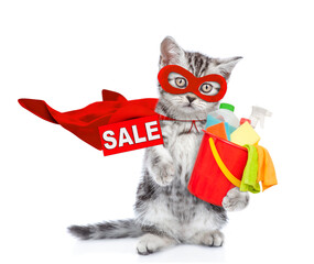 Poster - Funny tabby kitten wearing superhero costume holds bucket with washing fluids and  showing signboard with labeled 