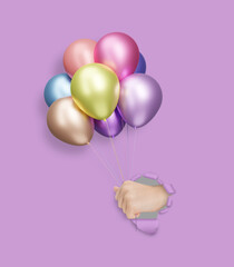 Poster - Childrens hand holding shiny colorful matte balloons through the hole in violet paper